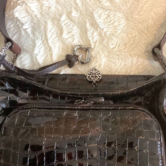 Brighton Sonny Moc Croc Patent Leather Organizer Wallet Shoulder Bag in Brown - Picture 6 of 10